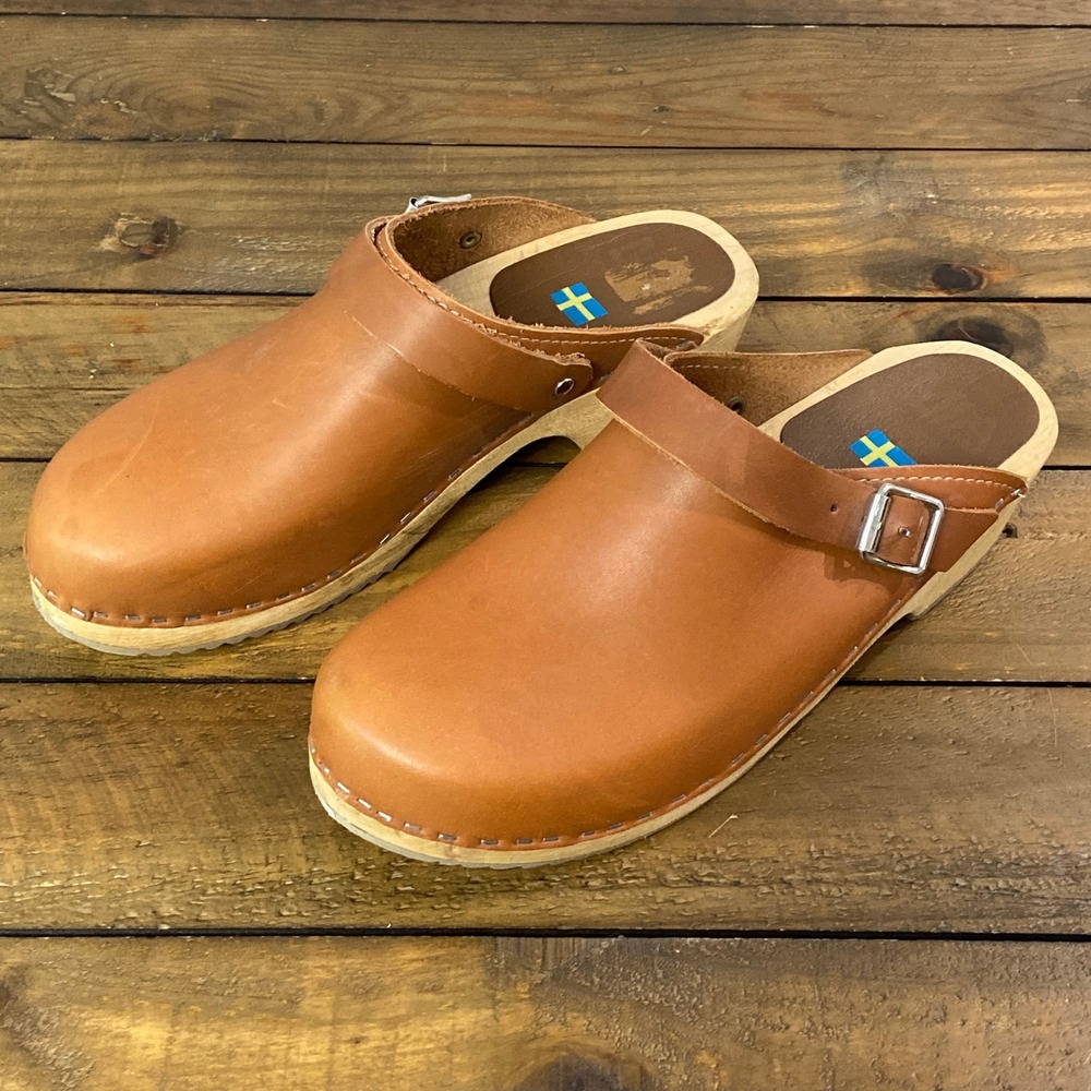 MIA Alma Swedish Clogs 40 Cognac Leather Wooden Platform Mules Boho US 9